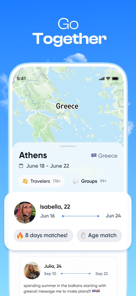 TripBFF - Solo Travel Friends - Users can view destination-specific traveler counts for locations like "Athens" and see detailed profiles with matched travel dates and interests, such as "8 days matches!".