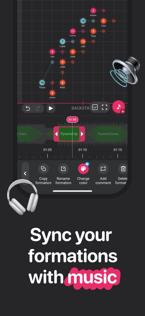 ArrangeUs - The app enables precise synchronization of movements, evident from the "BACKSTAGE" timeline interface and the "Pyramid tip" and "Pyramid base" markers aligning with music.