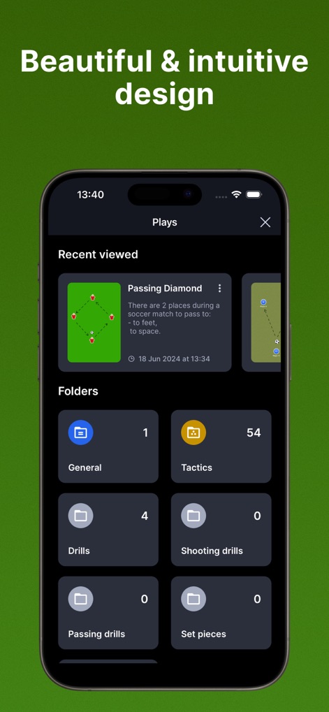 Coach Tactic Board: Soccer - Navigate the app's intuitive interface, which offers an organized folder system for tactics and drills, alongside a quick access section for recently viewed plays.