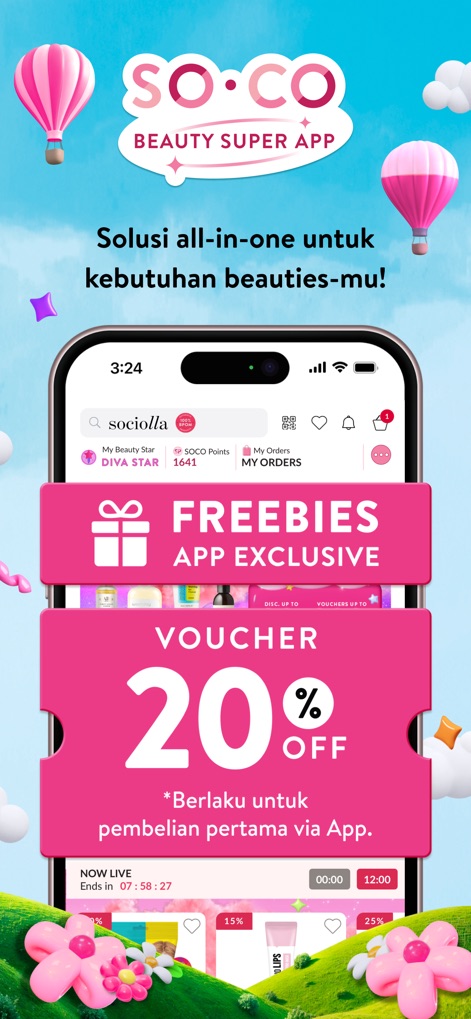 SOCO by Sociolla - 이 스크린샷은 앱 전용 'FREEBIES APP EXCLUSIVE' 섹션과 20% 할인 바우처를 강조하여 사용자가 SOCO Beauty Super App에서 얻을 수 있는 특별한 프로모션과 가치를 제시합니다.