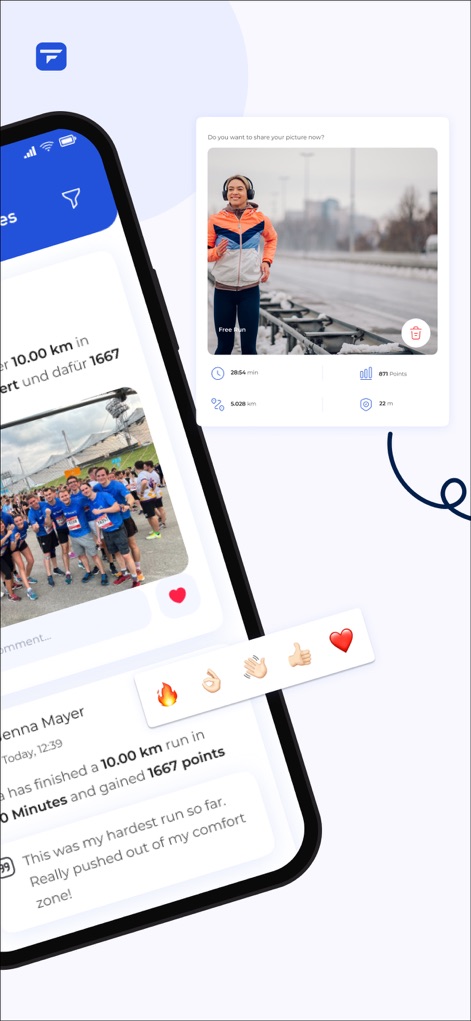 Teamfit - train as a team - A plataforma permite aos usuários compartilhar os detalhes de suas atividades, como uma corrida de "10.00 km" com tempo e pontos, e interagir com reações de emoji, como a chama e o coração, que fortalecem o engajamento social.