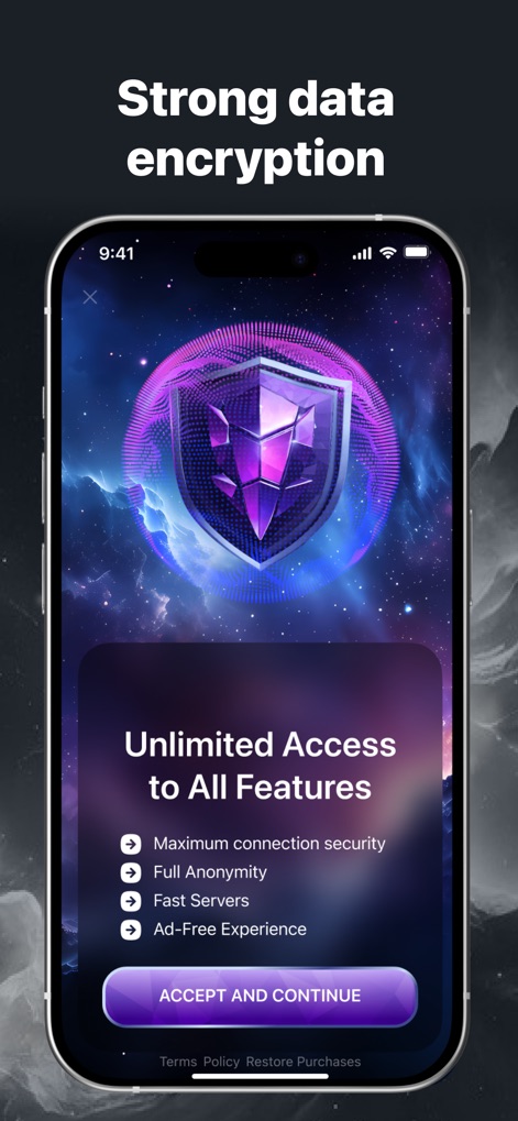 Enigma VPN – Secure & Fast - The visuals reveal the dynamic encryption shield animation and outline the comprehensive benefits of premium features, such as maximum connection security and fast servers.