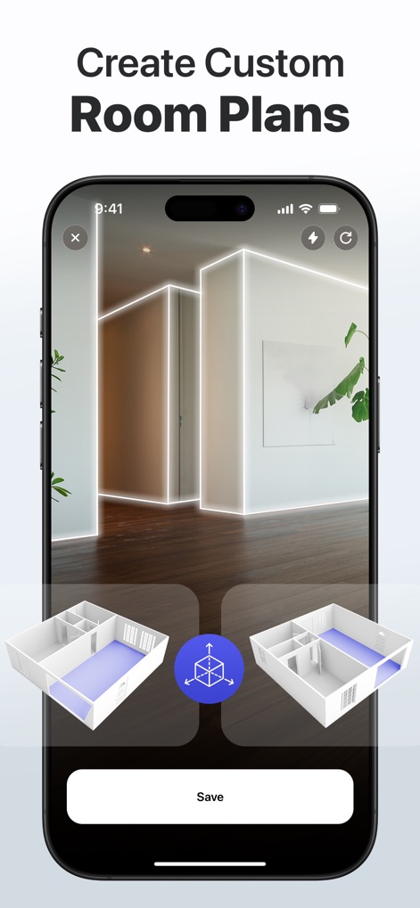 3D Snap: LiDAR Scanner & Ruler - Explore the app's capability to generate and manipulate 3D room plans in real-time, featuring interactive models and highlighted floor areas for customization.