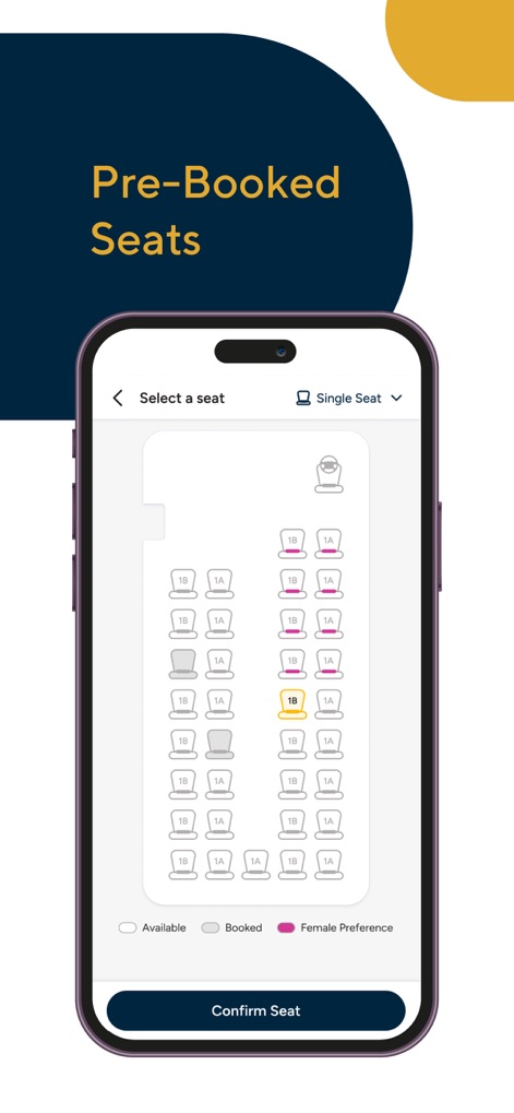 Cityflo - Premium office rides - Users can easily make personalized seat reservations using an intuitive visual seat layout, including a distinct "Female Preference" indicator for added security.