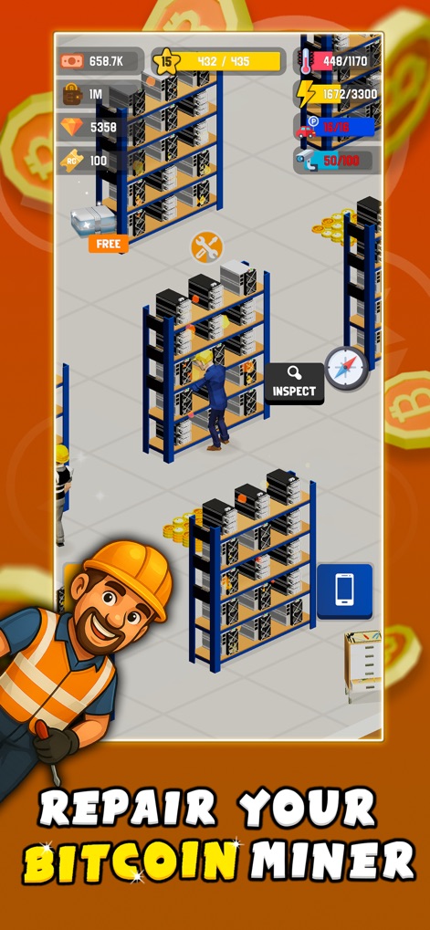 Bitcoin Miner Bro - Tycoon - The app demonstrates workers performing maintenance on mining rigs and an 'Inspect' option for system checks.