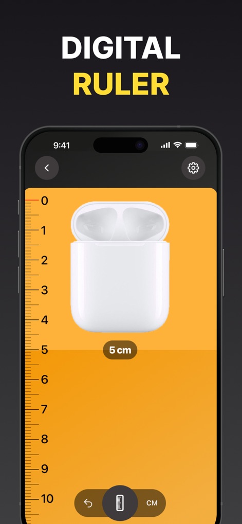 Measuring Tape+ Measure AR app - Observe the app's integrated digital ruler feature, providing precise on-screen measurements of small items like AirPods, clearly indicated in centimeters.