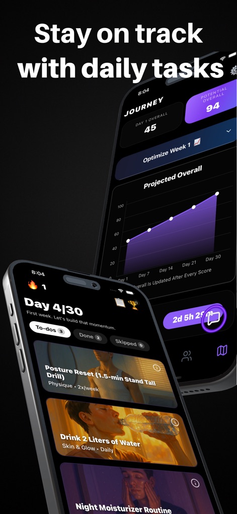 Mogged: Glow Up for Men - Users can follow a structured 'Daily Task Plan' featuring habits like 'Posture Reset' and 'Drink 2 Liters of Water', while simultaneously monitoring their 'Projected Overall' improvement on a visual graph.