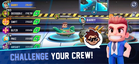 Jetpack Joyride Racing - Il gioco enfatizza la competizione e l'interazione sociale, mostrando la classifica dei piloti con i tempi di gara e un personaggio in abito elegante con occhiali da sole che invita alla sfida.