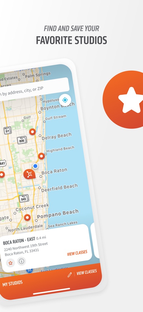 Orangetheory Fitness - Los usuarios pueden descubrir y guardar sus estudios preferidos en un mapa interactivo, facilitando el acceso a la información de contacto y a los horarios de clases, con pines de ubicación y un icono de estrella para favoritos.