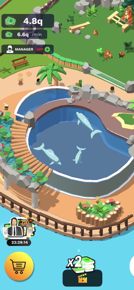 Idle Zoo Tycoon 3D - Discover the captivating dolphin pool, designed with tiered access and lush surroundings, demonstrating the app's commitment to varied habitats and efficient money management features.
