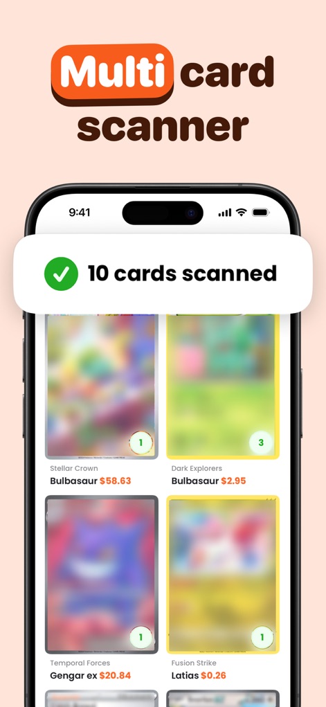 Acorn TCG ‒ Card Scanner App - This powerful feature allows for the simultaneous scanning of multiple cards, providing instant value insights for each like '$58.63' for Stellar Crown Bulbasaur, confirmed by the '10 cards scanned' notification.