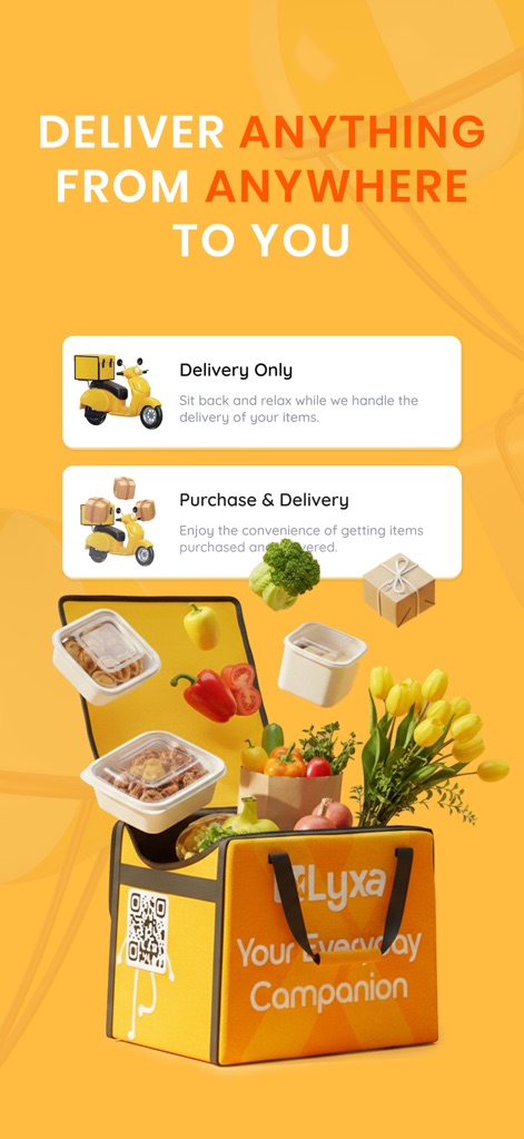 LYXA - ليكسا - La aplicación ofrece servicios de mensajería duales, destacando 'Delivery Only' y 'Purchase & Delivery', y visualmente se representan con una bolsa de Lyxa llena de diversos productos, desde alimentos hasta flores.