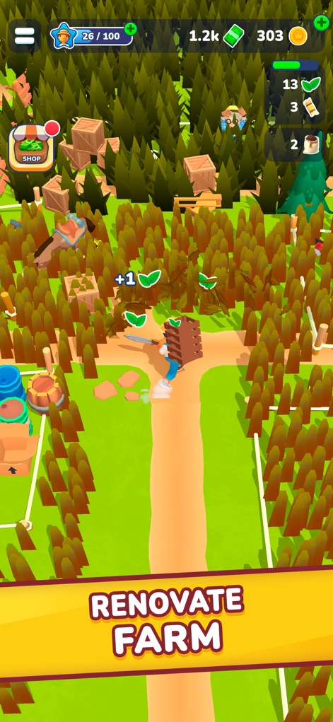 Little Farm Story: Idle Tycoon - Esta herramienta permite a los jugadores renovar su granja despejando extensas áreas forestales, transformando el denso paisaje boscoso en un terreno cultivable para futuras expansiones.