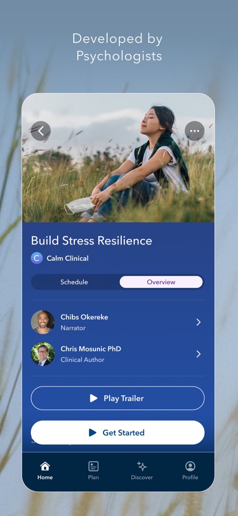 Calm Health - Users can access comprehensive program details, showcasing expert credentials like Chris Mosunic PhD and offering clear "Play Trailer" and "Get Started" buttons for immediate engagement.