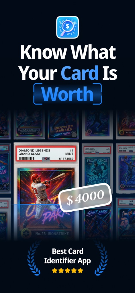 Cardly AI: Sports Card Scanner - Esta herramienta permite a los coleccionistas conocer el valor de sus cartas, mostrando un precio estimado de 4000 dólares sobre una carta graduada de béisbol y una variedad de cartas deportivas en el fondo.