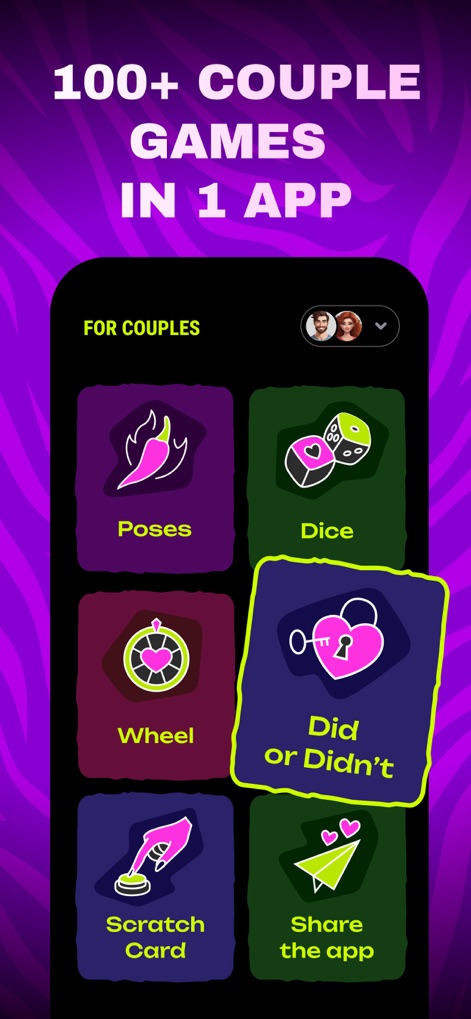 Couples Games: Spicy Challenge - Die Übersicht zeigt die beeindruckende Auswahl von über "100+ Couple Games", die Nutzer mit verschiedenen Kategorien wie "Did Or Didn't" entdecken können.