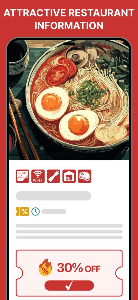 Halal Gourmet Japan - 이 화면은 먹음직스러운 라멘 이미지로 식당의 대표 메뉴를 보여줍니다. 신용카드 아이콘과 Wi-Fi 아이콘 등 편의 시설 정보가 한눈에 제공됩니다.