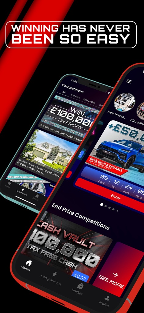 Elite Competitions - Discover a vast array of competition categories, from million-pound dream homes to instant cash vault challenges, all accessible through a streamlined interface.