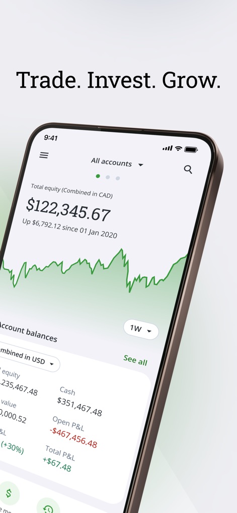 QuestMobile: Invest & Trade - Users can track their "total equity" across all accounts and visualize performance with an intuitive green line graph.