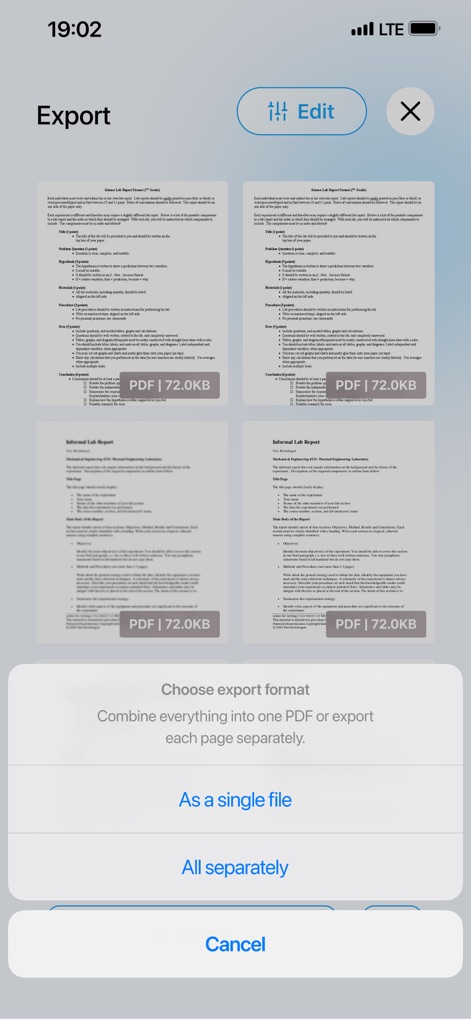 PDF Converter – Photos to PDF - Cet outil offre des options d'exportation flexibles, permettant aux utilisateurs de regrouper tous les documents en un seul fichier PDF ou de les exporter individuellement avec des boutons d'action clairs.