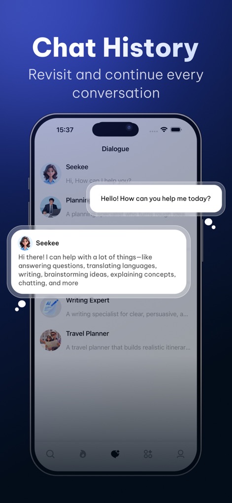Seekee AI Browser & Search - This tool maintains a clear Chat History, allowing users to revisit past interactions and engage with various AI personalities like the Writing Expert for seamless continuity.