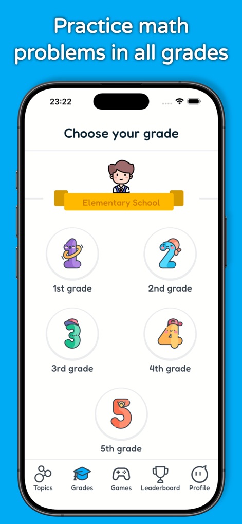 1st - 12th Grade Math Problems - Users can effortlessly select their learning level from the intuitive 'Choose your grade' interface and navigate key sections via the clear bottom bar.