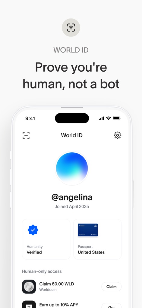 World App - Real Human Network - Users can verify their unique identity within the "World ID" section, clearly showing the "Humanity Verified" badge and linked credentials like the "Passport United States".