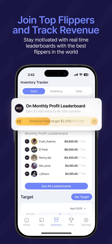 Swoopa - Flippers can track their progress against peers on the "Monthly Profit Leaderboard" and stay motivated with a personalized "Target to Hit" banner.