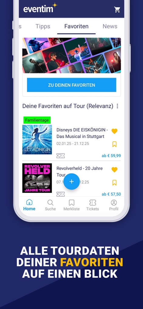 EVENTIM DE: Tickets for Events - The app intelligently organizes a user's favorited artists and events into a personalized stream, clearly indicating tour dates and offering a prominent 'add to favorites' button for continuous curation.