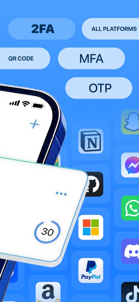 Authenticator© App App Store screenshot 3, headline “2FA ALL PLATFORMS QR CODE MFA OTP”. Pattern or texture.
