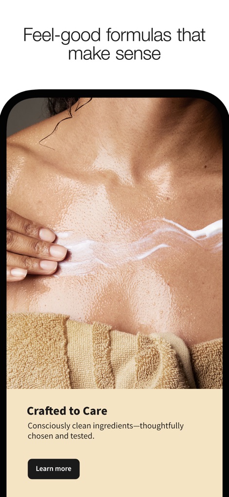 Bath & Body Works | B&BW - This screen highlights the app's commitment to quality with the 'Crafted to Care' section, providing users with transparent details about product ingredients and formulations.