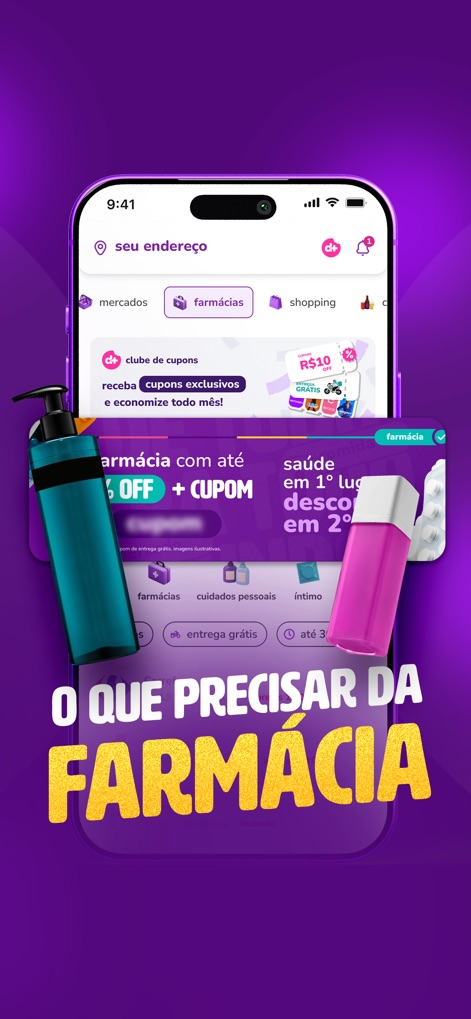 aiqfome: delivery de tudo - Esta tela evidencia a facilidade de acesso a produtos de farmácia, com a aba 'farmácias' ativa e a exibição de itens essenciais como frascos de shampoo e hidratante, atendendo às necessidades diárias.