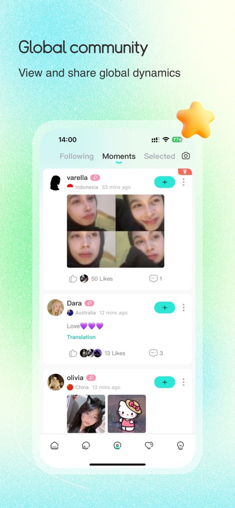 WorldTalk-Make Foreign Friends - This tool fosters a vibrant global community, evident in the dynamic feed of shared user content and interactive like and comment options.