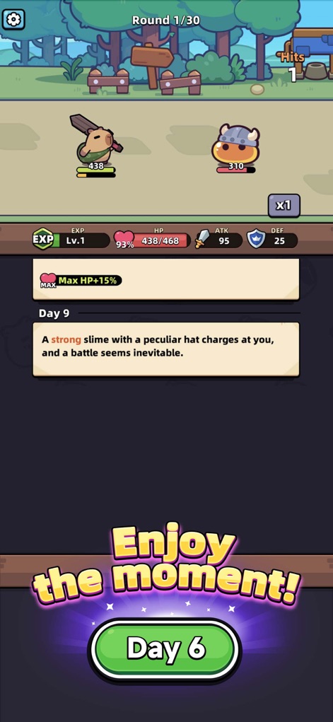 Capybara Go! - この画面では、ユーザーはテキストイベントを通じて物語を読み進め、次に何が起こるかを選択します。戦闘は簡潔なHPバーと敵キャラクターの表示で進行します。