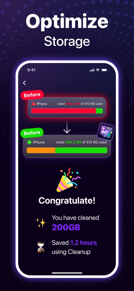 Magic Album-Storage Cleaner - Monitor storage improvements with clear "Before" and "After" indicators, demonstrating significant space freed up and time saved.