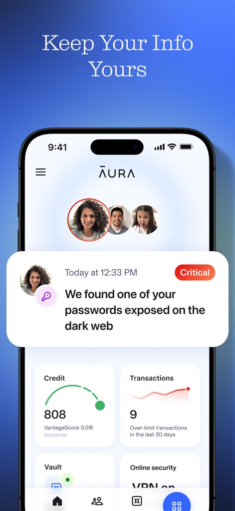 Aura: Security & Protection - Witness the app's dashboard, displaying family members' profiles and critical alerts, alongside a clear overview of credit health and recent transactions.