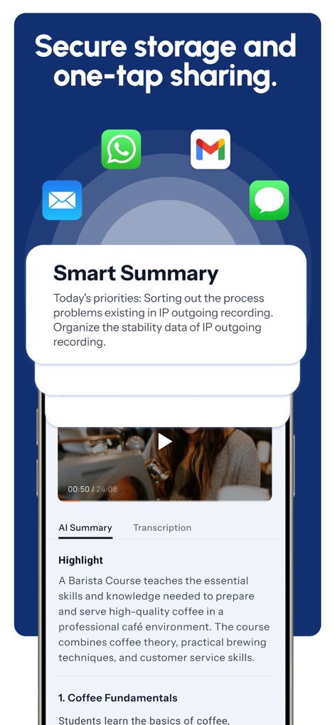 Owll: AI Note Taker & Record - The app generates concise 'Smart Summary' insights, which users can easily share via integrated icons for platforms like WhatsApp and Gmail.