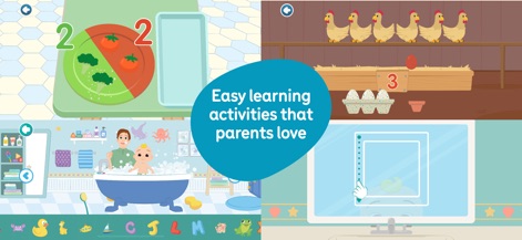 CoComelon: Learn ABCs and 123s - This app presents foundational learning experiences, including interactive vegetable sorting for counting and a delightful bath-time scene promoting daily routines.