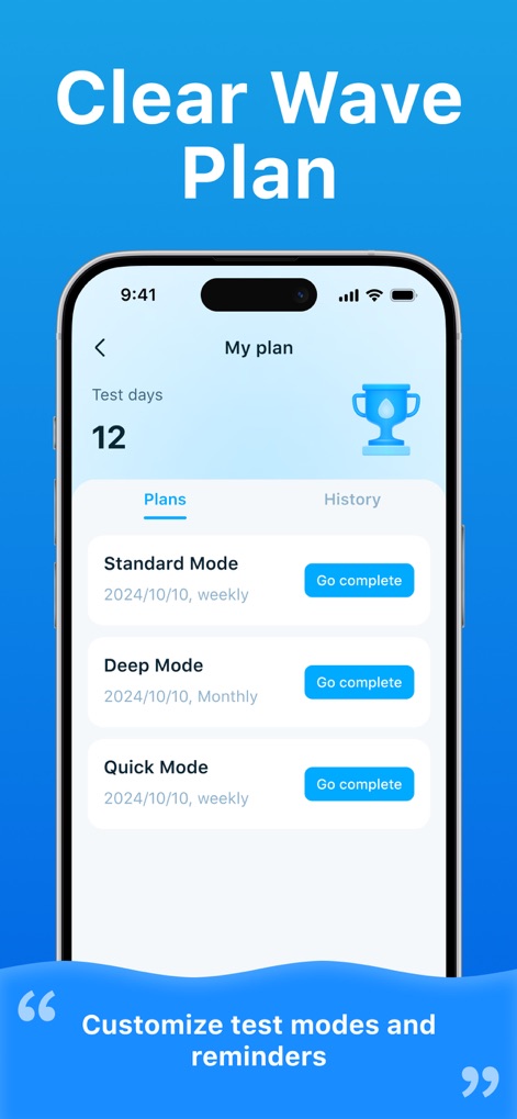 Clear Wave : Speaker Test - La aplicación organiza los planes de prueba con modos como 'Standard Mode' y 'Deep Mode', permitiendo a los usuarios gestionar y programar sus verificaciones de altavoces con fechas y frecuencias personalizadas.