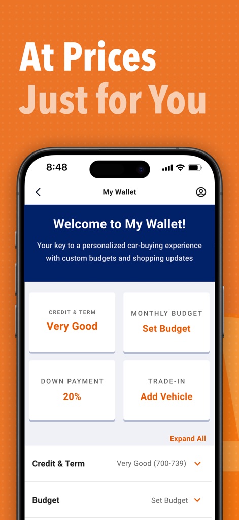 Autotrader – Shop All the Cars - Explore the intuitive "My Wallet" feature, providing a personalized financial overview with customizable sections for Monthly Budget and Down Payment.