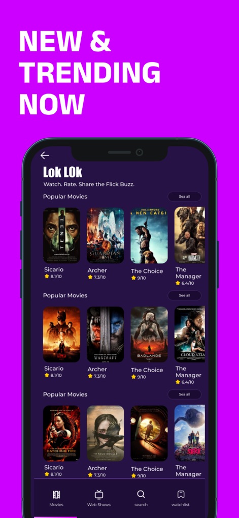 Lok L0k: Watch TV drama, Movie - The app showcases popular movies in a visually appealing grid format, complemented by intuitive bottom navigation for easy exploration of new content.