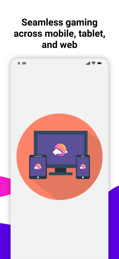 CloudMoon - Cloud Gaming - La ilustración comunica la "compatibilidad multiplataforma" de la herramienta, mostrando "un monitor de escritorio y dispositivos móviles" (tablet y smartphone) que pueden ejecutar la aplicación sin problemas.