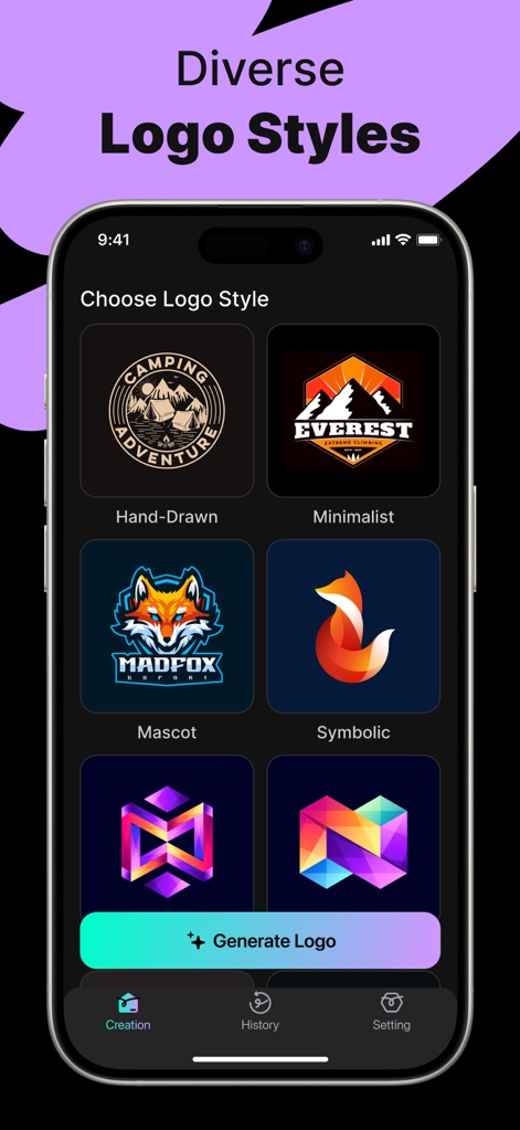 Logo Maker - AI Art Design - L'app offre una vasta gamma di stili predefiniti, come quelli "disegnati a mano" e "minimalisti", per guidare la creazione del logo in base alle preferenze visive.