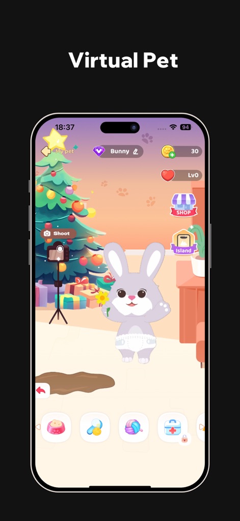 AnimalFace - looksmax ai score - Users can interact with their virtual pet, such as a "bunny character," within a festive "room with a Christmas tree" environment, complete with interactive icons.