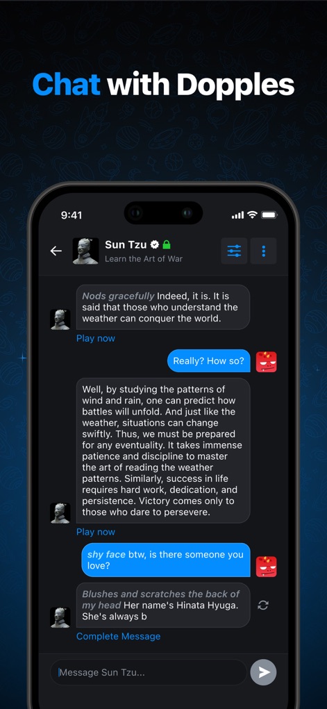 Dopple.AI - Users can engage in dynamic chat interactions with intelligent AI personalities like Sun Tzu, leveraging interactive 'Play now' options for immersive role-playing scenarios.