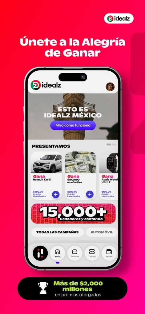 Idealz | Mexico - La interfaz principal destaca los premios disponibles, como el lujoso Renault KWID, y el impresionante historial de más de $2,000 millones otorgados.