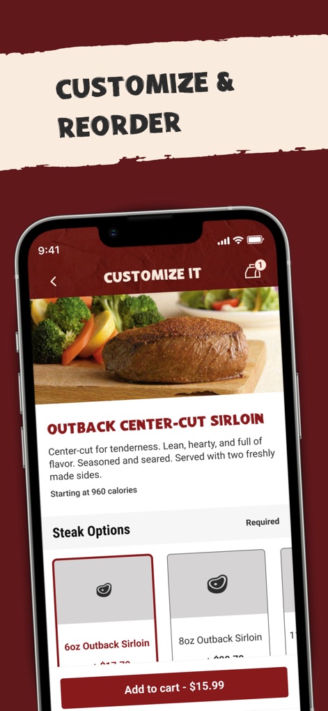 Outback Steakhouse - This tool empowers users to personalize their meals through the "Customize It" feature, offering various "Steak Options" to tailor their order perfectly.