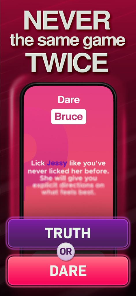 Couples Games: Naughty & Dirty - O popular modo 'Truth or Dare' apresenta desafios explícitos e personalizados, onde os usuários recebem instruções detalhadas para uma experiência única, como a ousadia envolvendo 'Bruce' e as direções explícitas.