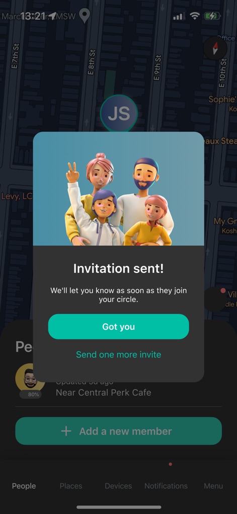 GeoZilla Phone Location Finder - Witness the app's user-friendly invitation confirmation, featuring a clear status message and options to manage further invitations.