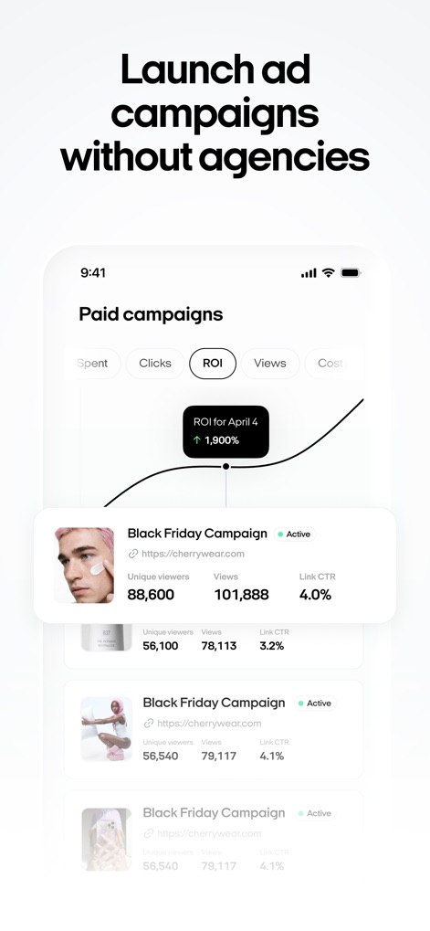 Zeely: AI Marketing Platform - Questo screenshot mostra la gestione autonoma delle campagne a pagamento, con un focus sul "ROI per il 4 aprile del 1,900%" e l'elenco delle "Black Friday Campaign" che evidenzia le prestazioni dirette.